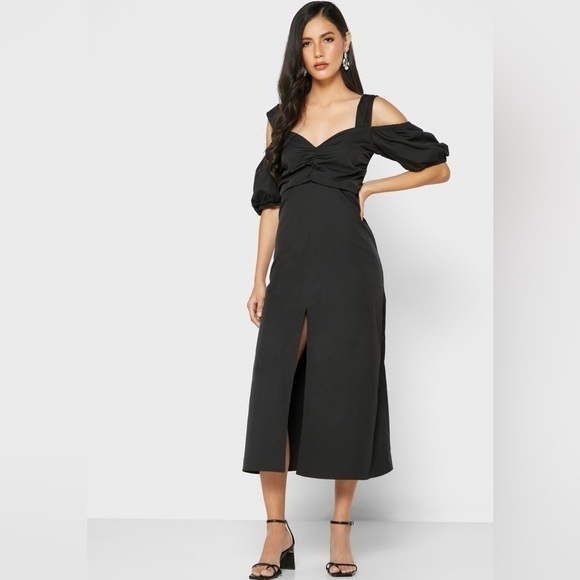 TOPSHOP Black Taffeta Cold Shoulder Bardot Midi Dress - Picture 4 of 12